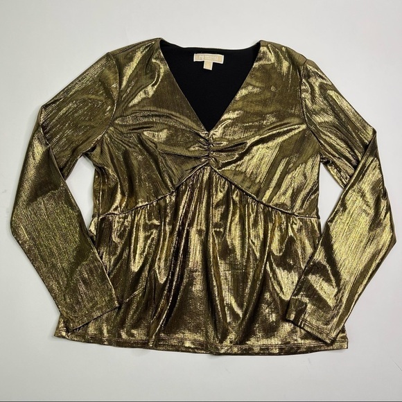 𝅺michael KORS Gold Liquid Metallic Shimmer Stretchy Drop Waist Dressy Top Shirt - Picture 1 of 13